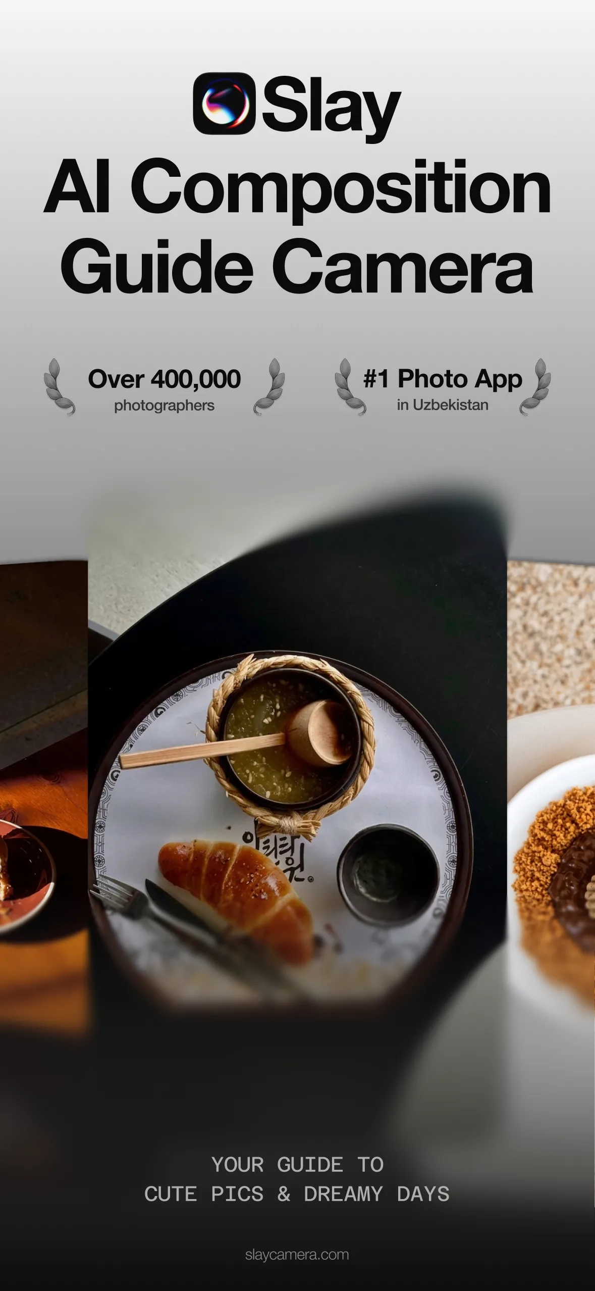 slay, the AI Composition Guide Camera, framing a food shot