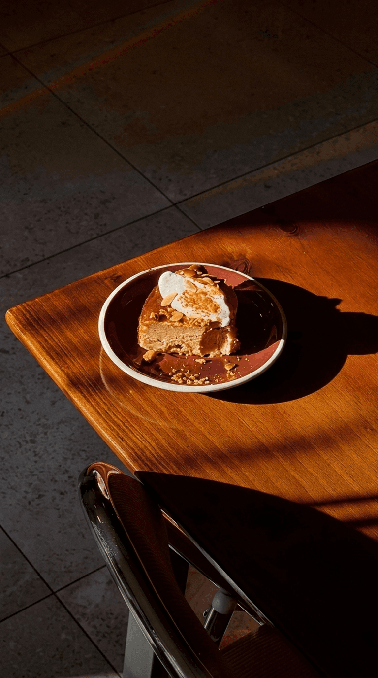A slice of cake on a sunlit wooden table